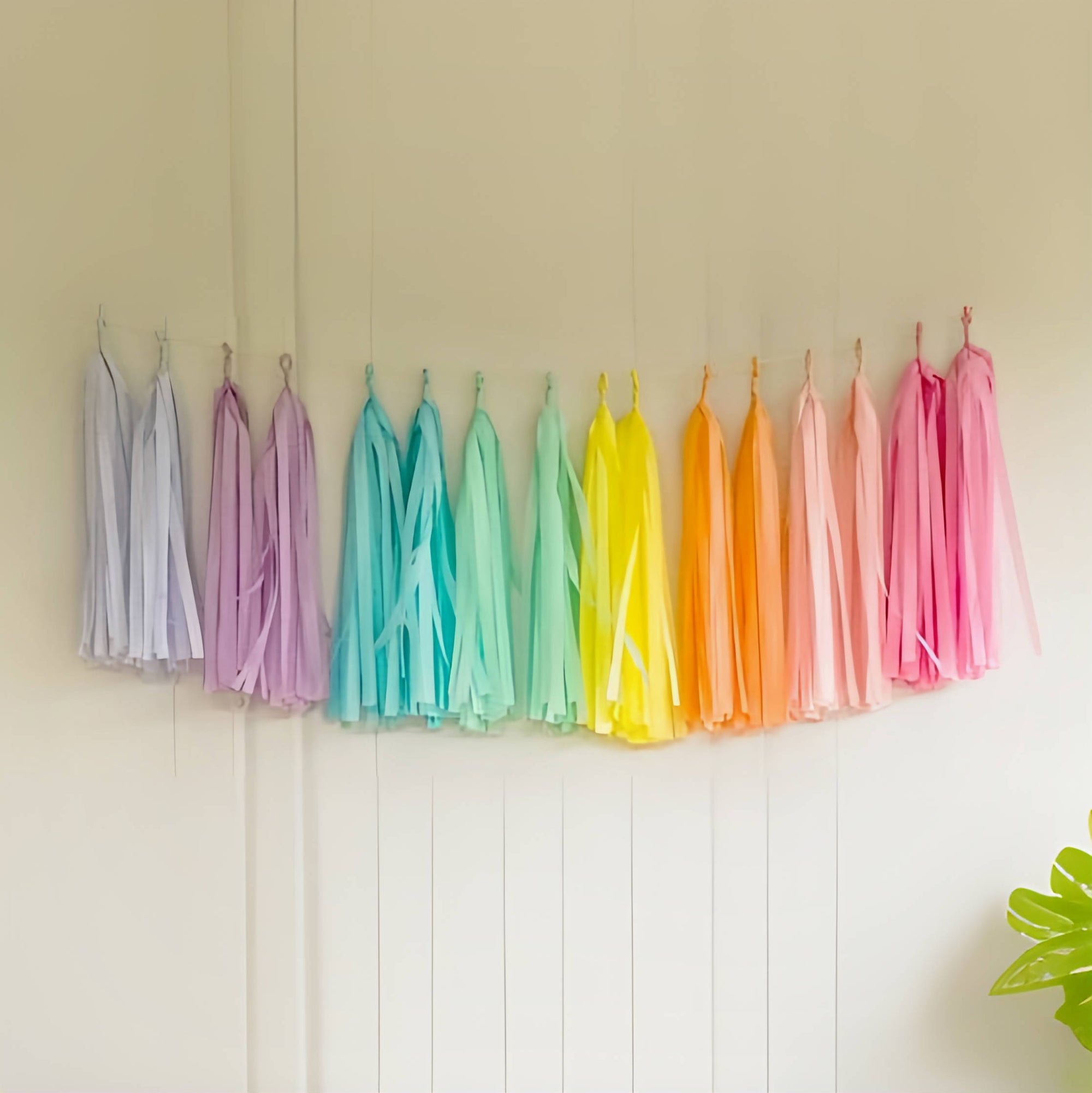 Pastel Rainbow Assembled Versatile and Reusable Tissue Paper Tassels Garland for Party Wedding Birthday Event Celebration Decor (16 Assembled tassels with string, already made and just ready to hang) - Originalsgroup