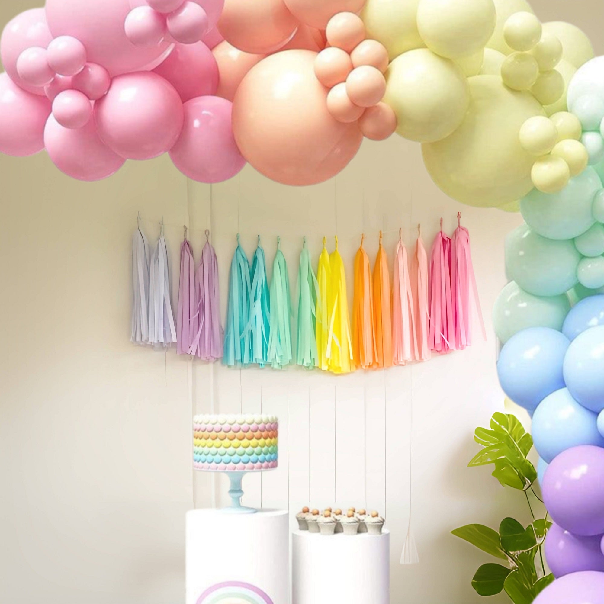 Pastel Rainbow Assembled Versatile and Reusable Tissue Paper Tassels Garland for Party Wedding Birthday Event Celebration Decor (16 Assembled tassels with string, already made and just ready to hang) - Originalsgroup