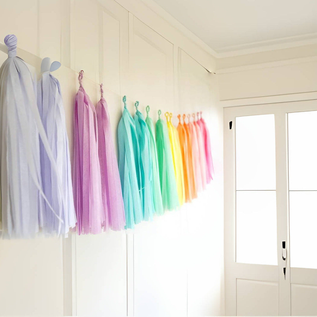 Pastel Rainbow Assembled Versatile and Reusable Tissue Paper Tassels Garland for Party Wedding Birthday Event Celebration Decor (16 Assembled tassels with string, already made and just ready to hang) - Originalsgroup