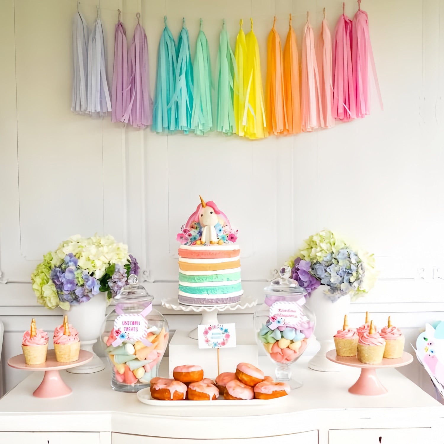 Pastel Rainbow Assembled Versatile and Reusable Tissue Paper Tassels Garland for Party Wedding Birthday Event Celebration Decor (16 Assembled tassels with string, already made and just ready to hang) - Originalsgroup