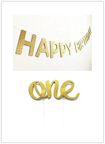 Originals Group First Birthday Cake Topper "One" Decoration AND "Happy Birthday" Banner for Birthday Party Decor - Originalsgroup
