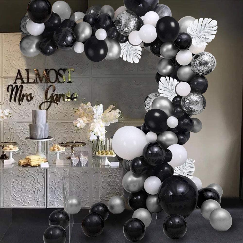Balloons Garland Arch Kit, 100 PCS Birthday decoration Set with Silver Metallic,White,Black and Confetti Balloons Plus Silver Pa - Originalsgroup