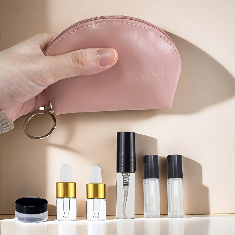 Mini Travel Makeup Bag Cosmetic Storage Bag - included Mini Refillable Containers Mini Glass Dropper Bottle Set - Portable Cosmetic Organizer Refillable Bottles Rubber Inserts Travel Essentials Spray Bottles Travel Makeup Containers
