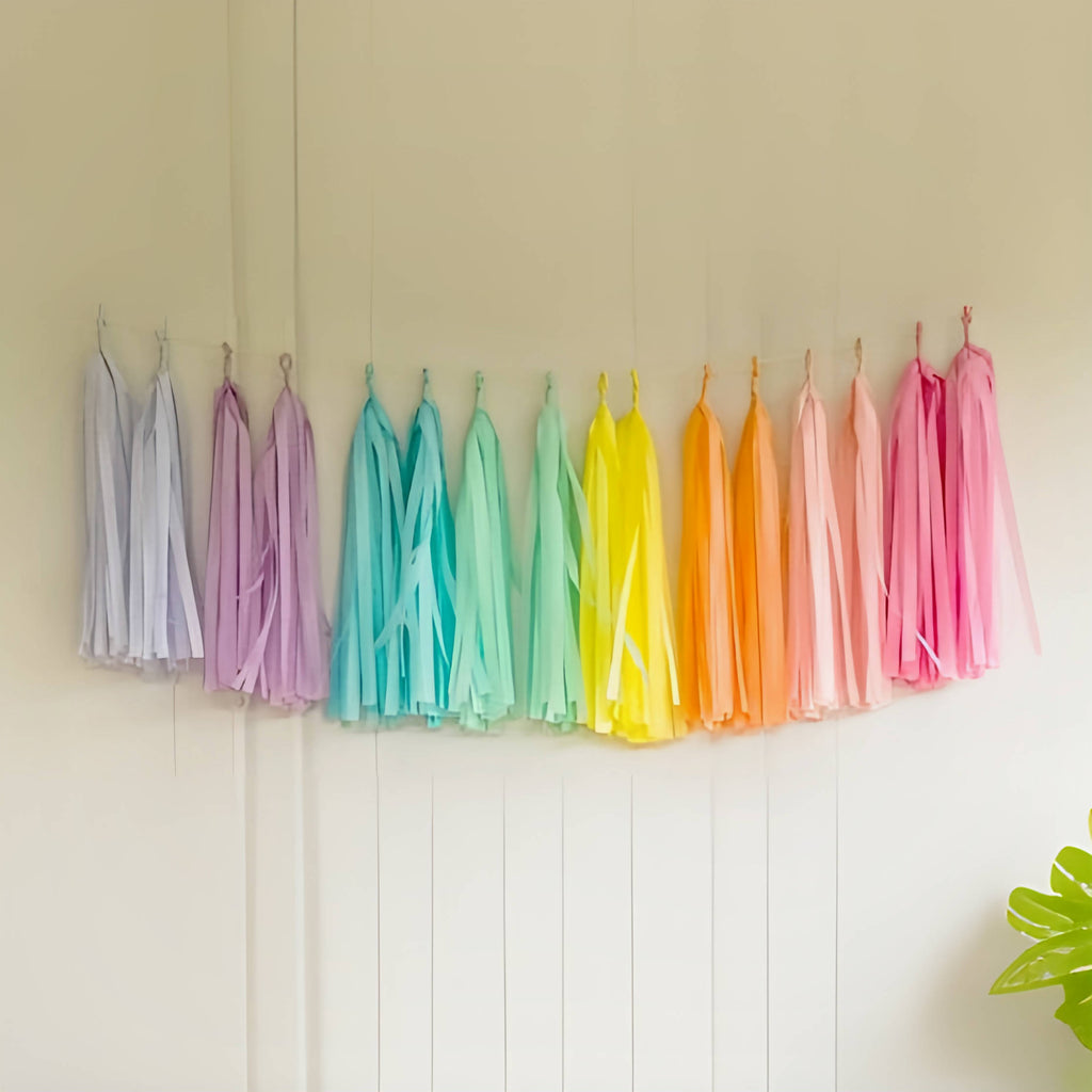 Pastel Rainbow Assembled Versatile and Reusable Tissue Paper Tassels Garland for Party Wedding Birthday Event Celebration Decor (16 Assembled tassels with string, already made and just ready to hang) - Originalsgroup