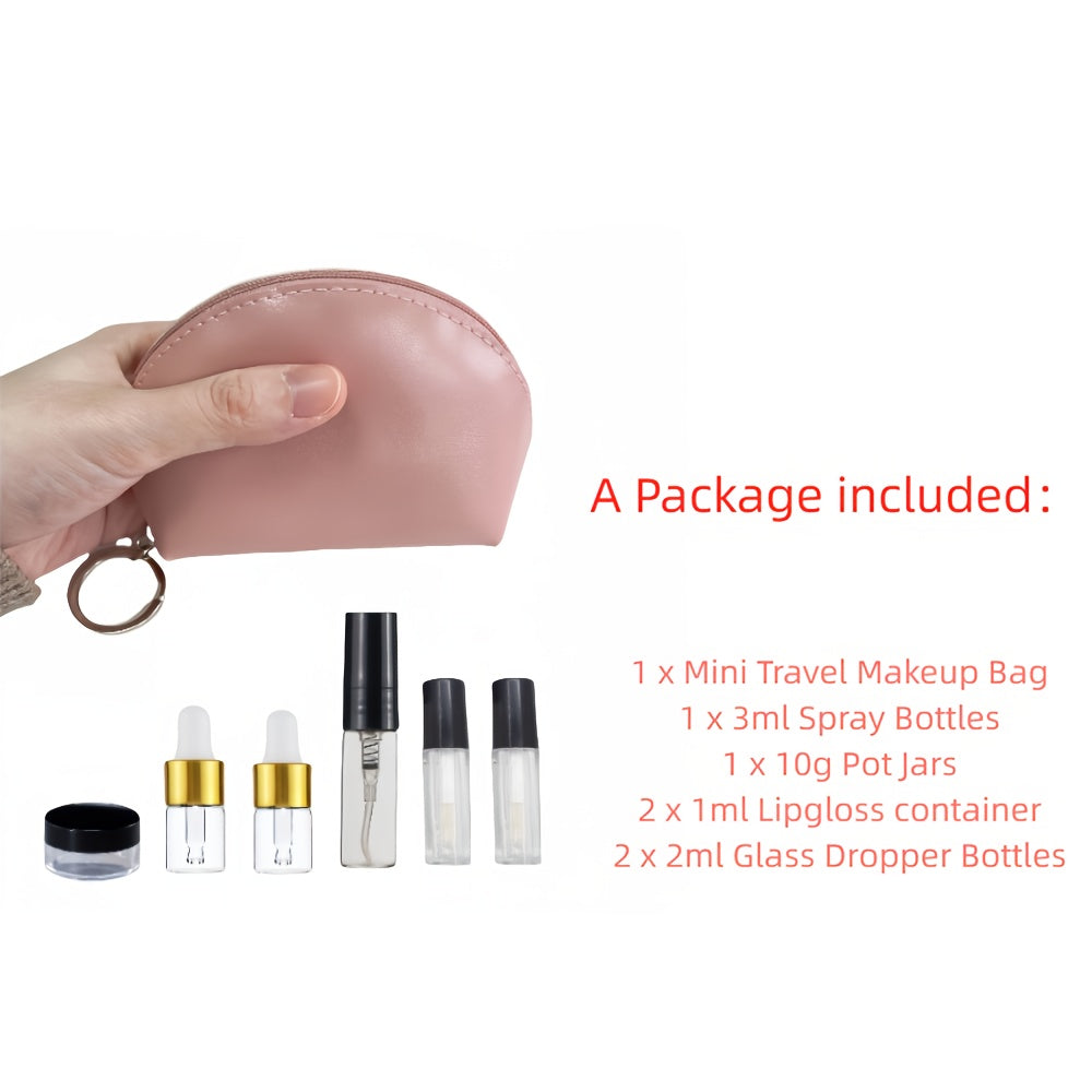 Mini Travel Makeup Bag Cosmetic Storage Bag - included Mini Refillable Containers Mini Glass Dropper Bottle Set - Portable Cosmetic Organizer Refillable Bottles Rubber Inserts Travel Essentials Spray Bottles Travel Makeup Containers