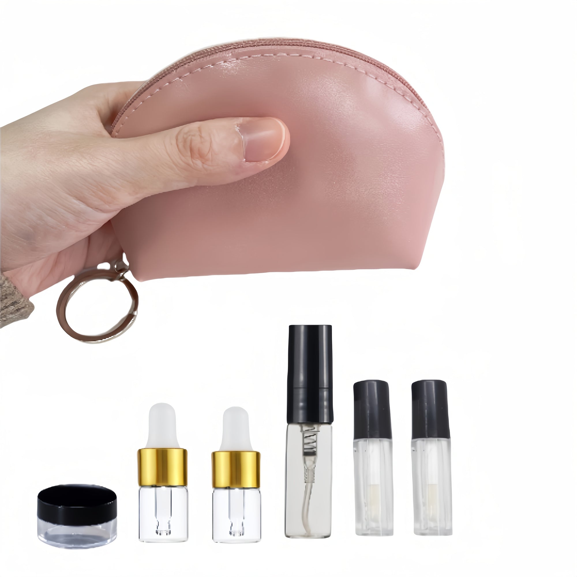 Mini Travel Makeup Bag Cosmetic Storage Bag - included Mini Refillable Containers Mini Glass Dropper Bottle Set - Portable Cosmetic Organizer Refillable Bottles Rubber Inserts Travel Essentials Spray Bottles Travel Makeup Containers