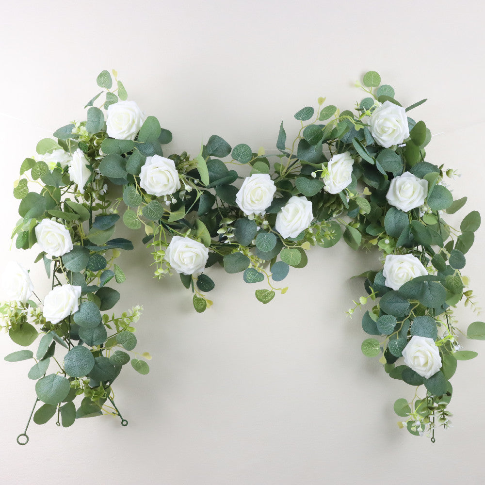 1pc/3pcs, 70'' Long Faux Eucalyptus Garland With White Rose Flowers, 5.9FT/180cm Silvery Dollar Eucalyptus Leaves Gypsophila Garland, Artificial Greenery Vines For Wedding Party Mantle Table Runner Home Party Outdoor Decor Wedding Decor - Originalsgroup