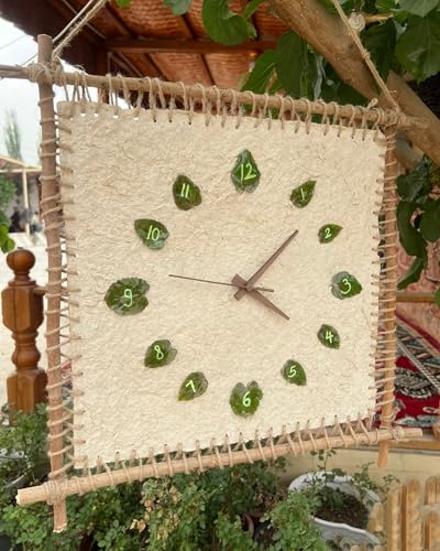 Boho Rustic Wall Clock, Natural Fiber & Wooden Frame Silent Non‑Ticking Wall Clock, Farmhouse Bohemian Wall Decor, Unique Leaf‑Numbered Wall Art for Living Room, Bedroom, Kitchen, Patio