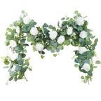 1pc/3pcs, 70'' Long Faux Eucalyptus Garland With White Rose Flowers, 5.9FT/180cm Silvery Dollar Eucalyptus Leaves Gypsophila Garland, Artificial Greenery Vines For Wedding Party Mantle Table Runner Home Party Outdoor Decor Wedding Decor - Originalsgroup