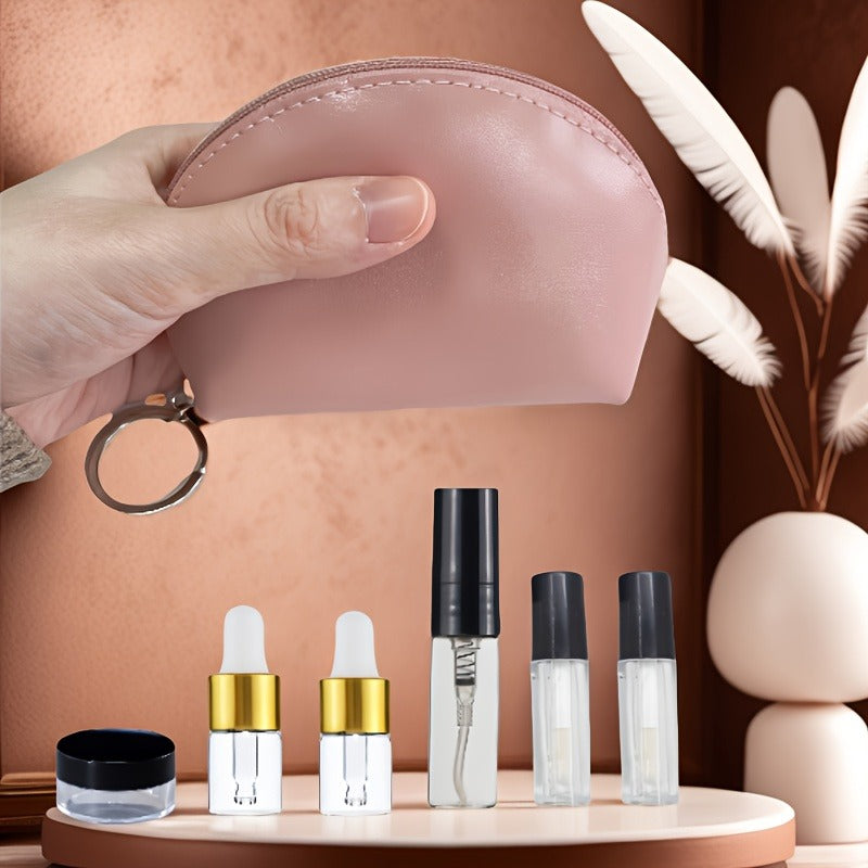 Mini Travel Makeup Bag Cosmetic Storage Bag - included Mini Refillable Containers Mini Glass Dropper Bottle Set - Portable Cosmetic Organizer Refillable Bottles Rubber Inserts Travel Essentials Spray Bottles Travel Makeup Containers