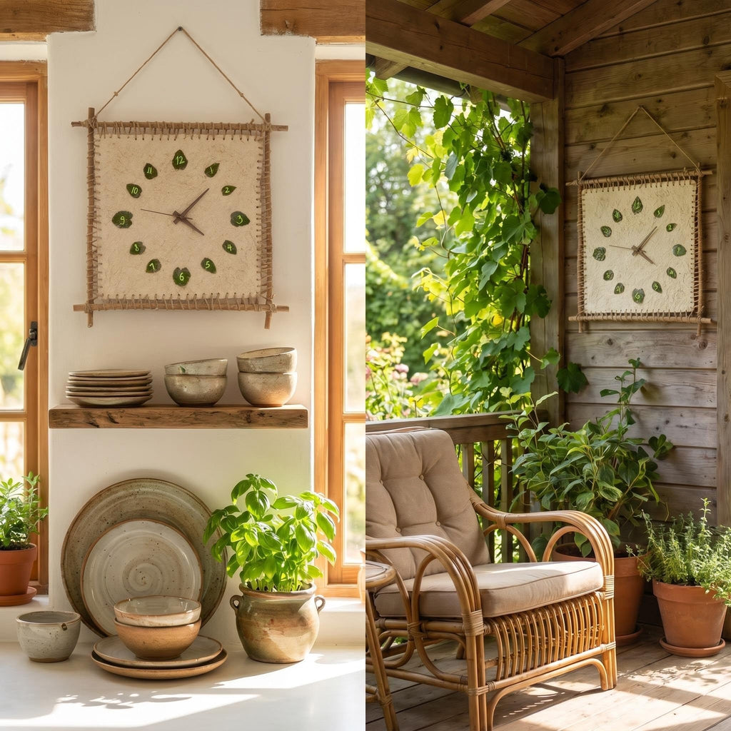 Boho Rustic Wall Clock, Natural Fiber & Wooden Frame Silent Non‑Ticking Wall Clock, Farmhouse Bohemian Wall Decor, Unique Leaf‑Numbered Wall Art for Living Room, Bedroom, Kitchen, Patio
