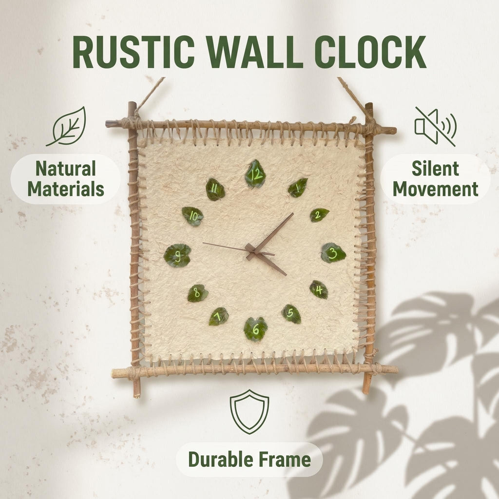 Boho Rustic Wall Clock, Natural Fiber & Wooden Frame Silent Non‑Ticking Wall Clock, Farmhouse Bohemian Wall Decor, Unique Leaf‑Numbered Wall Art for Living Room, Bedroom, Kitchen, Patio