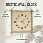 Boho Rustic Wall Clock, Natural Fiber & Wooden Frame Silent Non‑Ticking Wall Clock, Farmhouse Bohemian Wall Decor, Unique Leaf‑Numbered Wall Art for Living Room, Bedroom, Kitchen, Patio