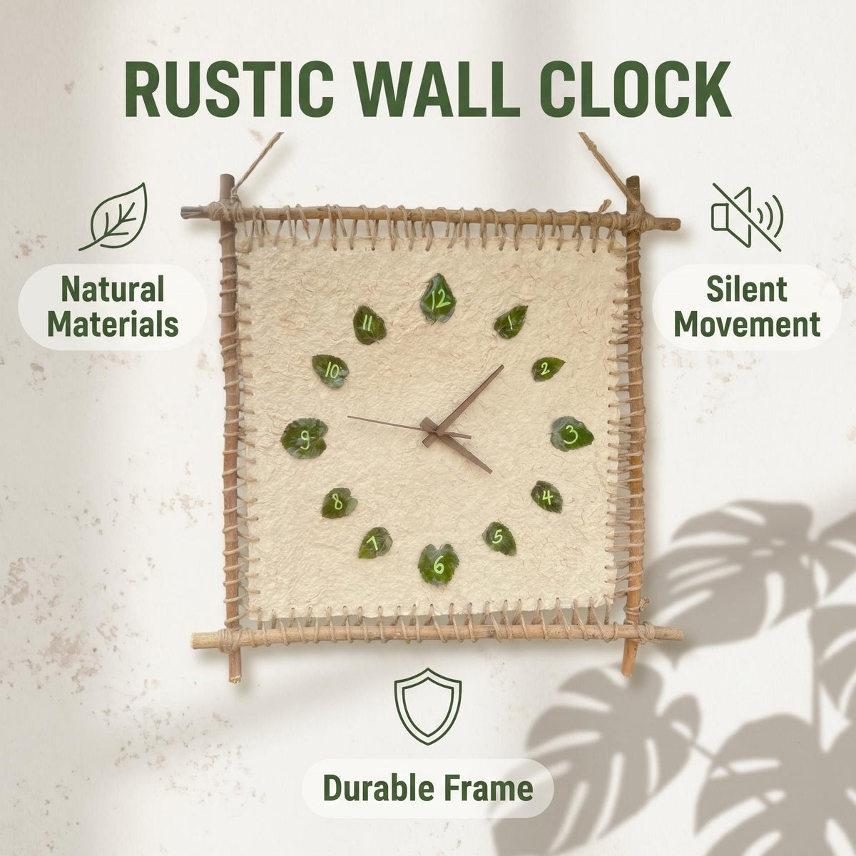 Boho Rustic Wall Clock, Natural Fiber & Wooden Frame Silent Non‑Ticking Wall Clock, Farmhouse Bohemian Wall Decor, Unique Leaf‑Numbered Wall Art for Living Room, Bedroom, Kitchen, Patio