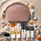 Mini Travel Makeup Bag Cosmetic Storage Bag - included Mini Refillable Containers Mini Glass Dropper Bottle Set - Portable Cosmetic Organizer Refillable Bottles Rubber Inserts Travel Essentials Spray Bottles Travel Makeup Containers