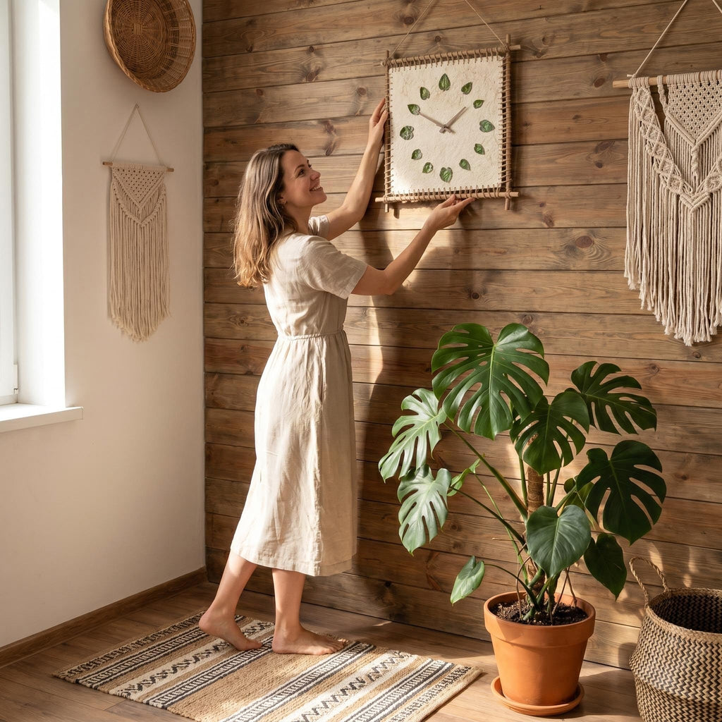 Boho Rustic Wall Clock, Natural Fiber & Wooden Frame Silent Non‑Ticking Wall Clock, Farmhouse Bohemian Wall Decor, Unique Leaf‑Numbered Wall Art for Living Room, Bedroom, Kitchen, Patio