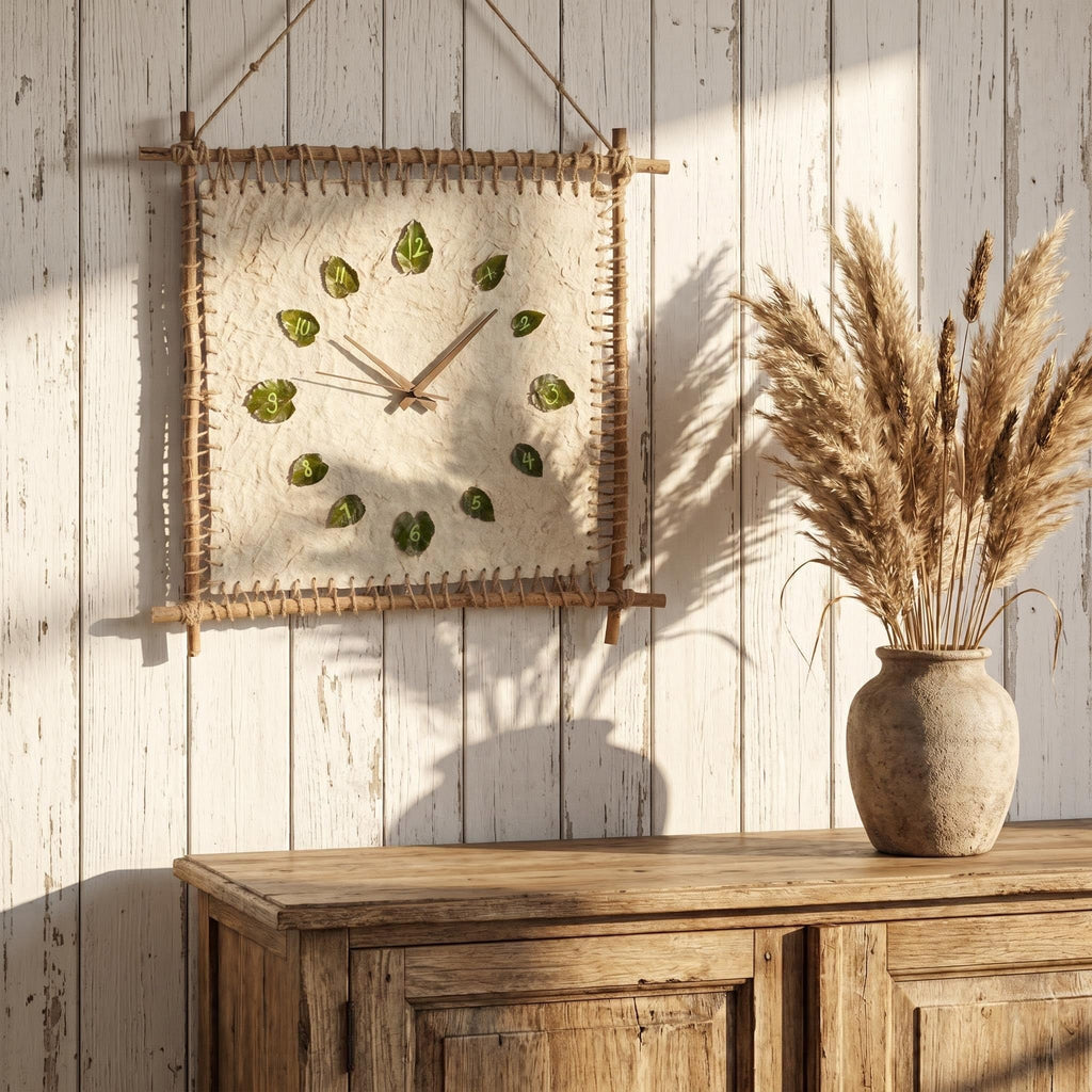 Boho Rustic Wall Clock, Natural Fiber & Wooden Frame Silent Non‑Ticking Wall Clock, Farmhouse Bohemian Wall Decor, Unique Leaf‑Numbered Wall Art for Living Room, Bedroom, Kitchen, Patio