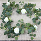 1pc/3pcs, 70'' Long Faux Eucalyptus Garland With White Rose Flowers, 5.9FT/180cm Silvery Dollar Eucalyptus Leaves Gypsophila Garland, Artificial Greenery Vines For Wedding Party Mantle Table Runner Home Party Outdoor Decor Wedding Decor - Originalsgroup