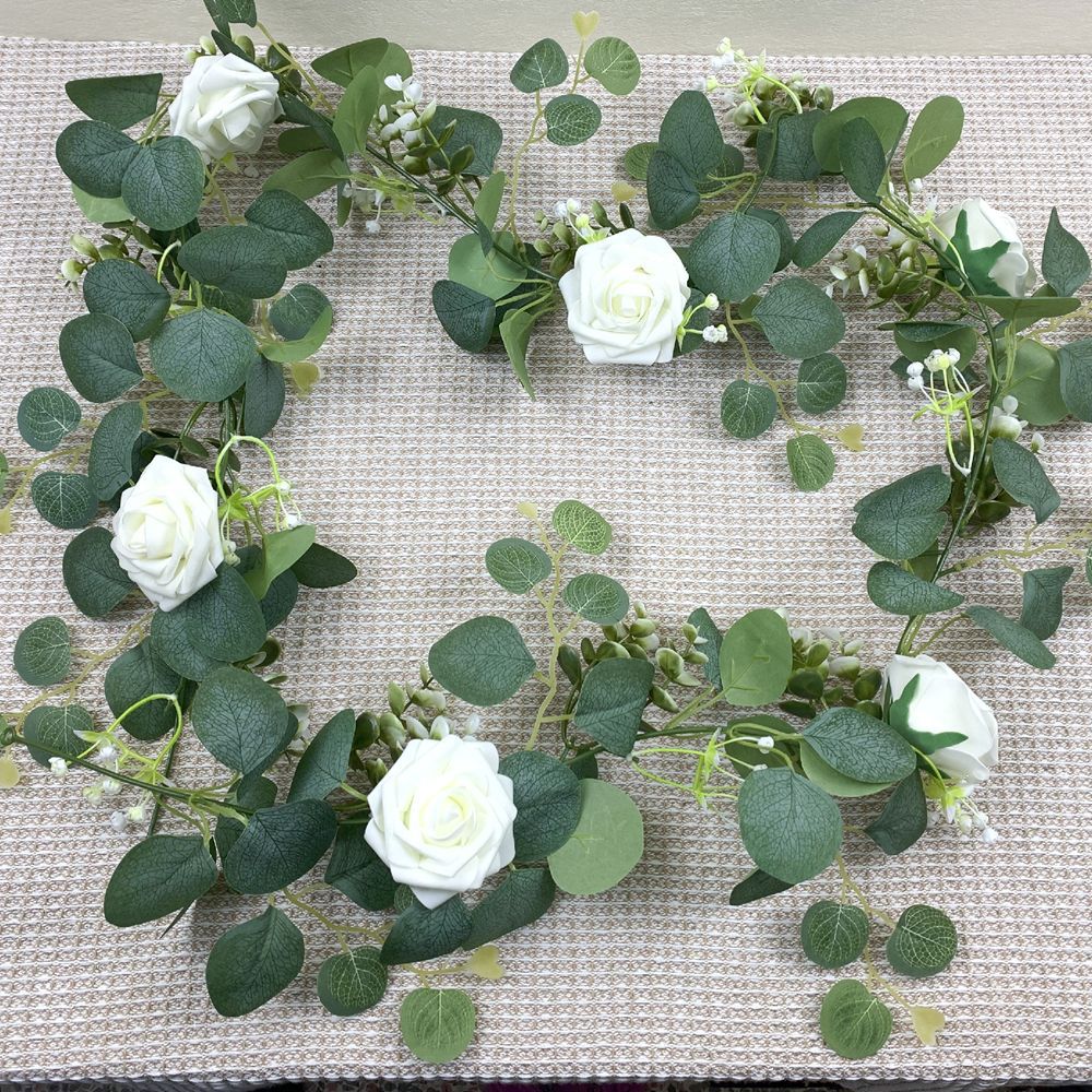 1pc/3pcs, 70'' Long Faux Eucalyptus Garland With White Rose Flowers, 5.9FT/180cm Silvery Dollar Eucalyptus Leaves Gypsophila Garland, Artificial Greenery Vines For Wedding Party Mantle Table Runner Home Party Outdoor Decor Wedding Decor - Originalsgroup