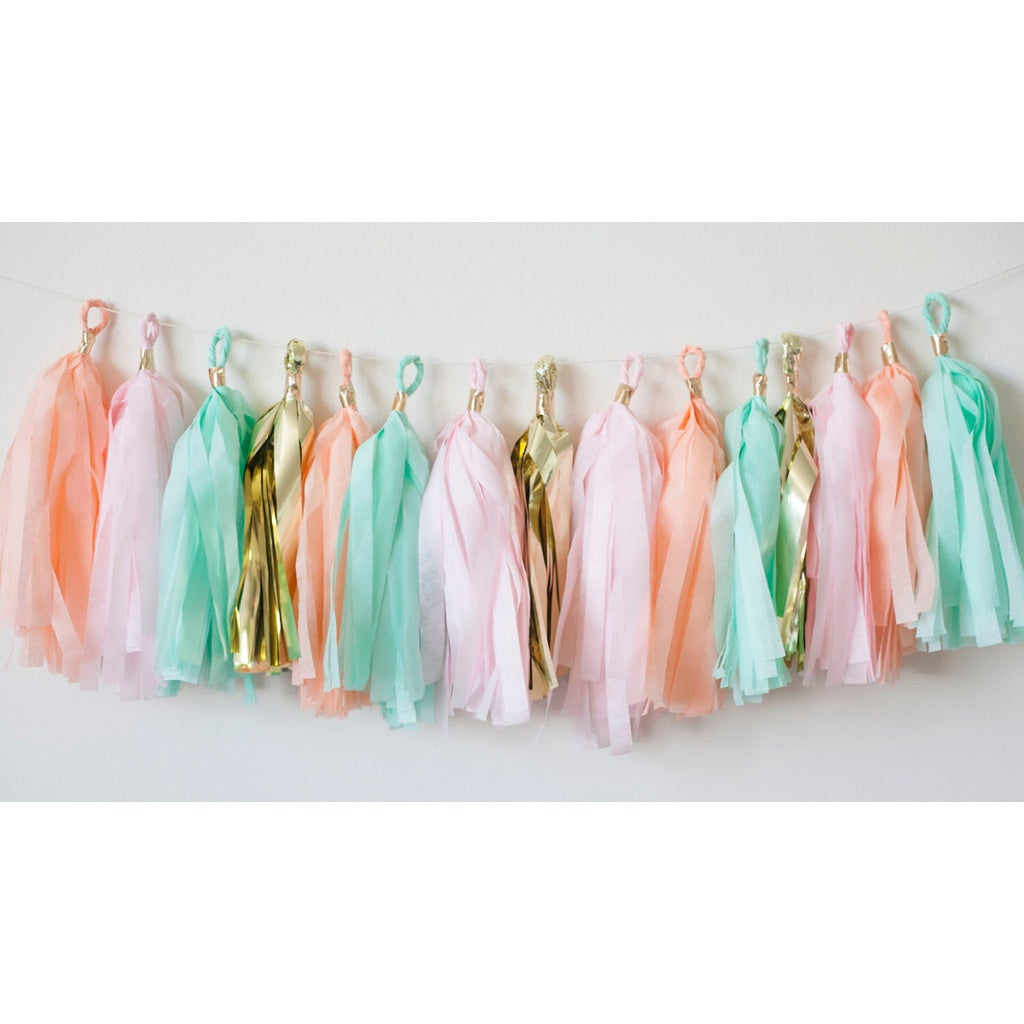 Fully Assembled 16 x Mint Pink Gold Apricot Tissue Paper Tassels for Party Wedding Gold Garland Bunting Pom Pom - Originalsgroup