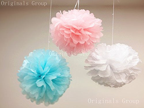 (15pcs) Baby Pink Blue Mixed Size Tissue Paper Pom Poms Lanterns Decorations - Originalsgroup