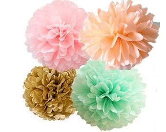 (16pcs) Multi Color Mixed Size Tissue Paper Pom Poms Lanterns Decorations (Gold Mint Peach Pink) - Originalsgroup
