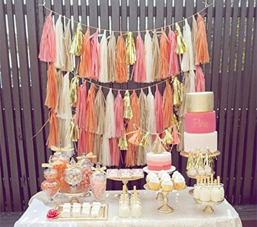 (Tassels Ship Assembled and Ready to Hang) 20 X Peach Pink Gold White Tissue Paper Tassels for Party Wedding Gold Garland Bunting Pom Pom - Originalsgroup