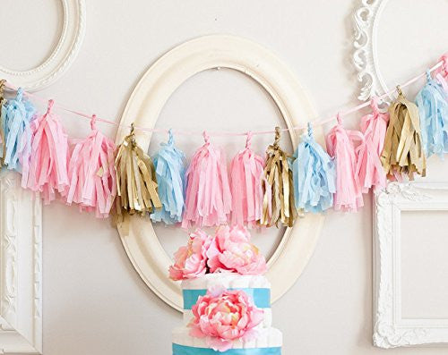 16 X Originals Group Baby Pink Blue Gold Tissue Paper Tassels for Party Wedding Gold Garland Bunting Pom Pom - Originalsgroup