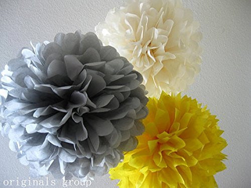 (15pcs) Mustard Cream Silver Mixed Size Tissue Paper Pom Poms Lanterns Decorations - Originalsgroup