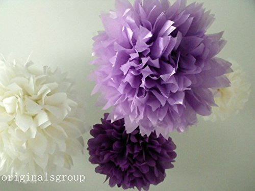 (12pcs) Purple Lavender White Mixed Size Tissue Paper Pom Poms Lanterns Decorations - Originalsgroup
