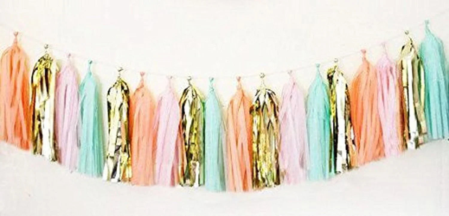 16 X Originals Group Mint Pink Gold Apricot Tissue Paper Tassels for Party Wedding Gold Garland Bunting Pom Pom - Originalsgroup