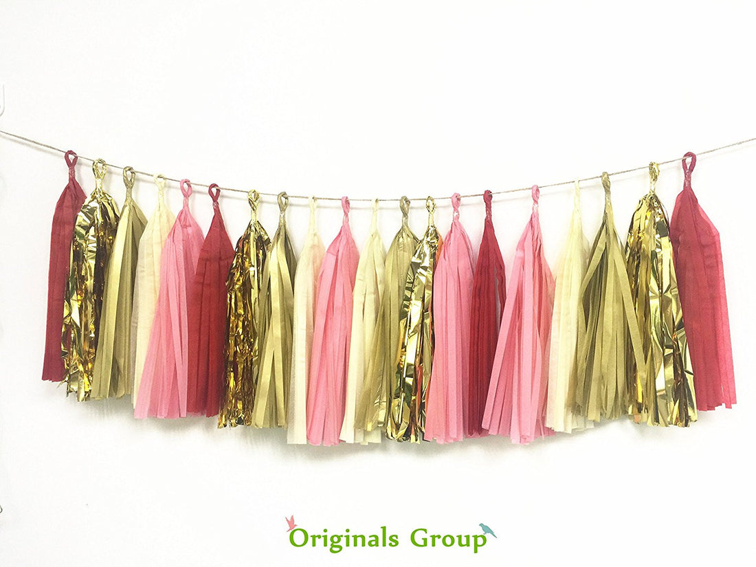 16 X Originals Group Red Coral Gold Apricot Tissue Paper Tassels for Party Wedding Gold Garland Bunting Pom Pom - Originalsgroup