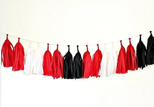 (Already Assembled and Ready to Hang) 16 X Tissue Paper Tassels Garland for Party Wedding Gold Bunting Pom Pom by Originals Group (Black-Red-White) - Originalsgroup