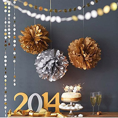 (10pcs) Gold SIilver Mixed Size Tissue Paper Pom Poms Lanterns Decorations - Originalsgroup