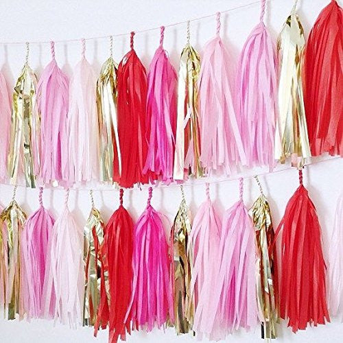 20 X Red Pink Gold White Hot Pink Tissue Paper Tassels for Party Wedding Gold Garland Bunting Pom Pom - Originalsgroup