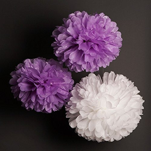 (12pcs) Purple Lavender White Mixed Size Tissue Paper Pom Poms Lanterns Decorations - Originalsgroup