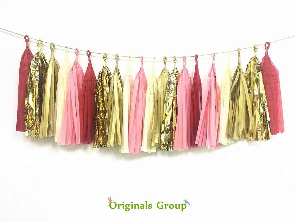16 X Originals Group Red Coral Gold Apricot Tissue Paper Tassels for Party Wedding Gold Garland Bunting Pom Pom - Originalsgroup