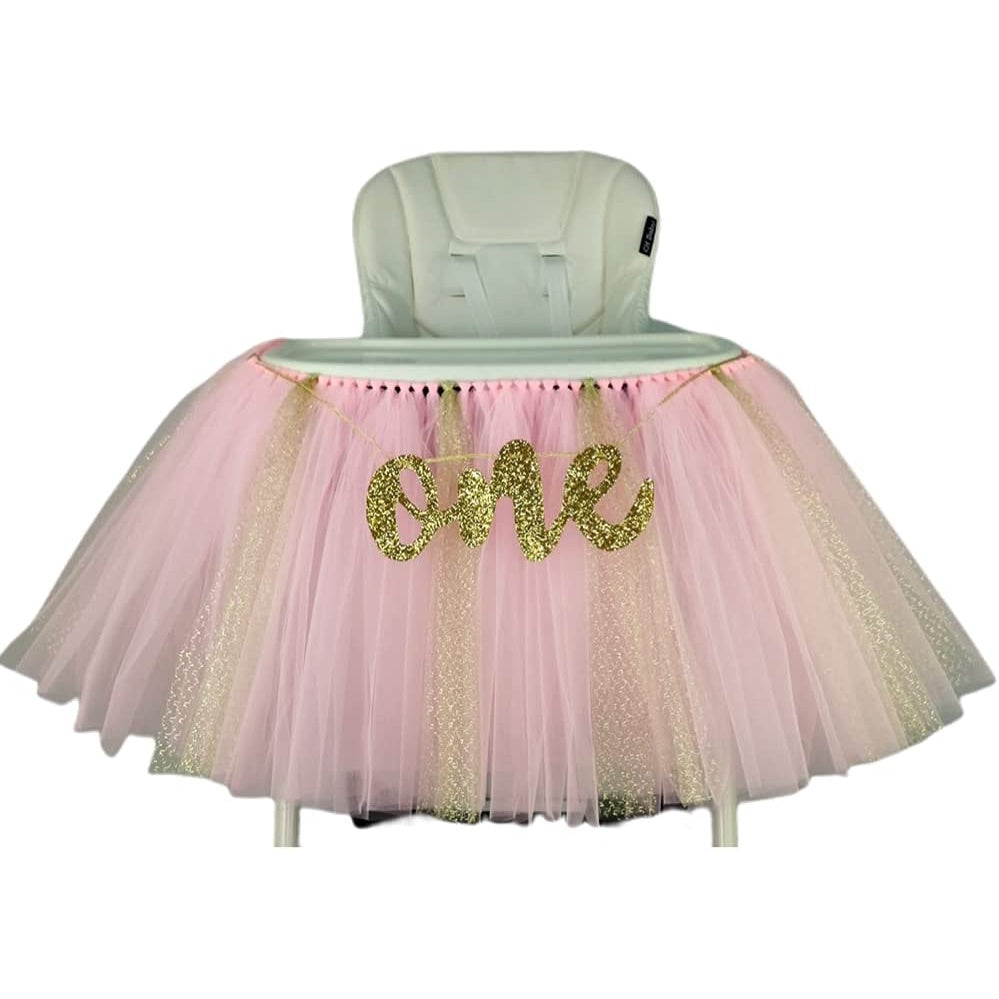 1st Birthday Pink Gold Tutu for High Chair Decoration for Party Supplies with One Banner by Originals Group - Originalsgroup
