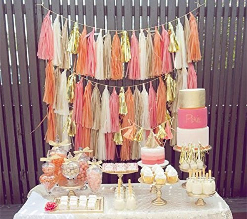 (Already Assembled Just Ready to Hang) Peach Tissue Paper Tassels for Party Wedding Gold Garland Bunting Pom Pom by Originals Group … (12 Tassles) - Originalsgroup