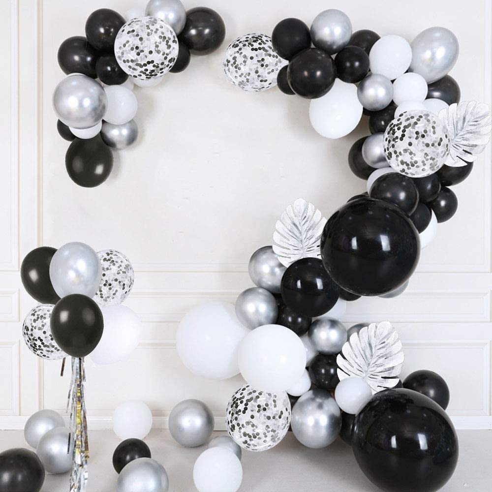 Balloons Garland Arch Kit, 100 PCS Birthday decoration Set with Silver Metallic,White,Black and Confetti Balloons Plus Silver Pa - Originalsgroup