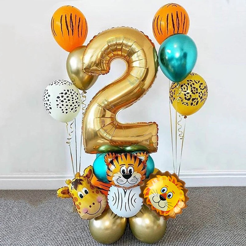 18Pcs Jungle Animal Balloons Set Chrome Metallic Latex Balloon 32inch Gold Number Globos Kids Birthday Party Baby Shower Decor - Originalsgroup
