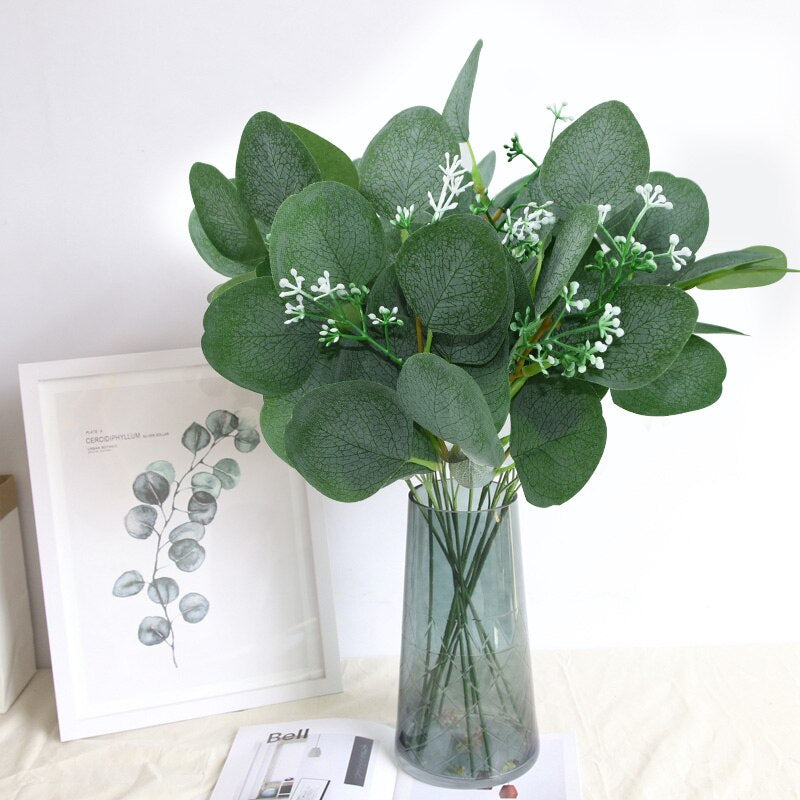 5pcs Artificial Plants Green Eucalyptus Leaves DIY Bridal Bouquet Fake Flowers For Home Garden Party Wedding Flower Decorations - Originalsgroup