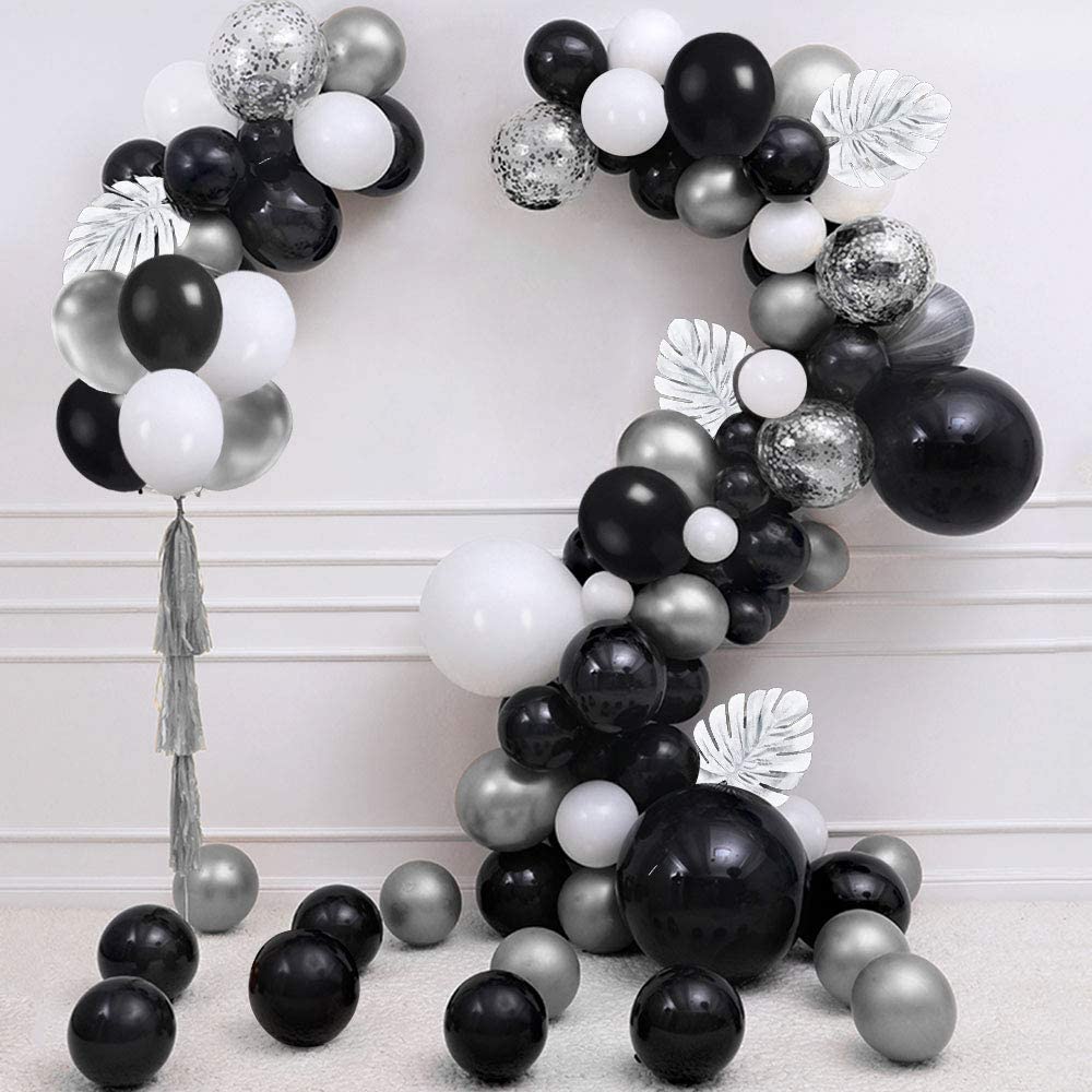 Balloons Garland Arch Kit, 100 PCS Birthday decoration Set with Silver Metallic,White,Black and Confetti Balloons Plus Silver Pa - Originalsgroup