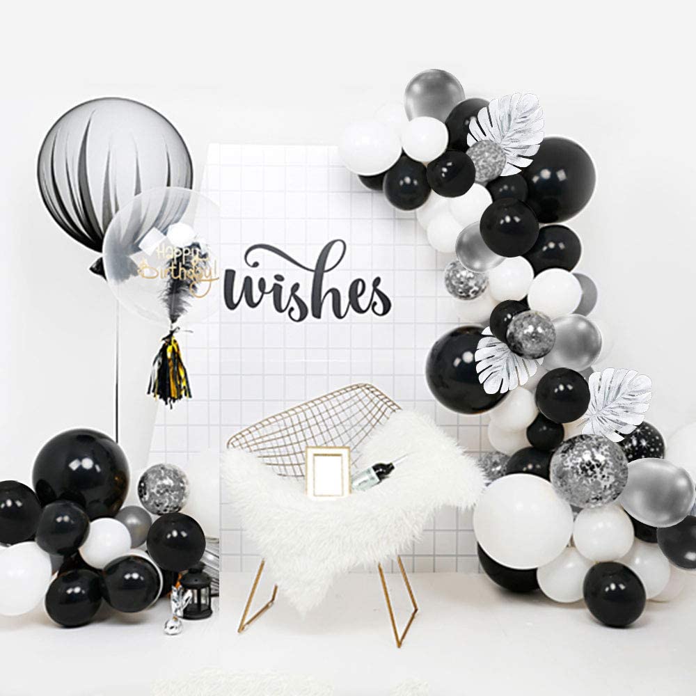 Balloons Garland Arch Kit, 100 PCS Birthday decoration Set with Silver Metallic,White,Black and Confetti Balloons Plus Silver Pa - Originalsgroup