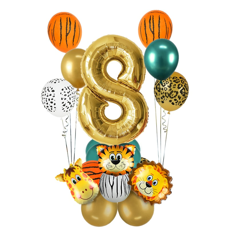 18Pcs Jungle Animal Balloons Set Chrome Metallic Latex Balloon 32inch Gold Number Globos Kids Birthday Party Baby Shower Decor - Originalsgroup