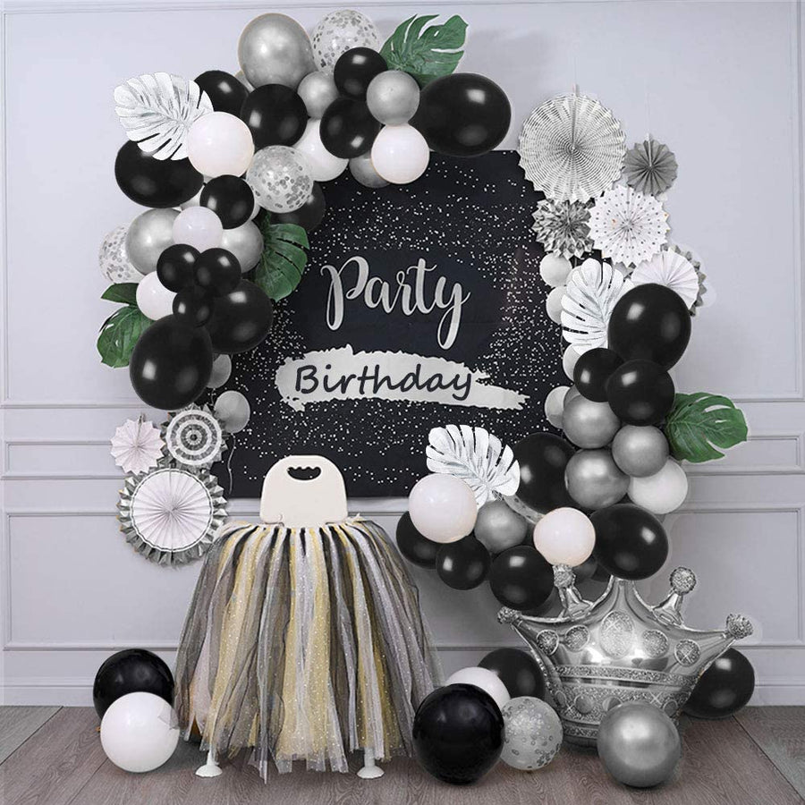 Balloons Garland Arch Kit, 100 PCS Birthday decoration Set with Silver Metallic,White,Black and Confetti Balloons Plus Silver Pa - Originalsgroup