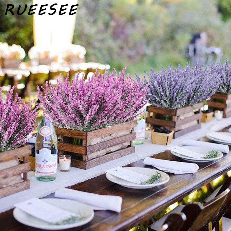 Artificial Flowers Flocked Plastic Lavender Bundle Fake Plants Wedding Bridle Bouquet Indoor Outdoor Home Kitchen Office Table - Originalsgroup