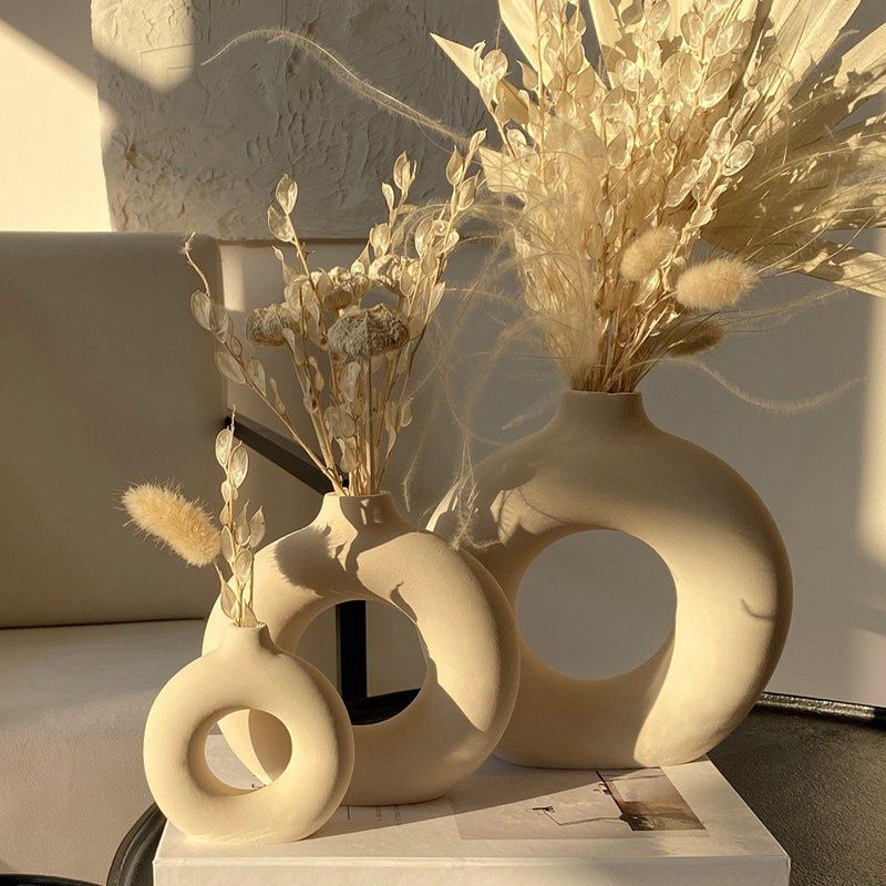 Nordic Ceramic Vase for Pampas Grass Donuts Flower Pot Home Decoration Accessories Office Living Room Interior Table Desk Decor - Originalsgroup