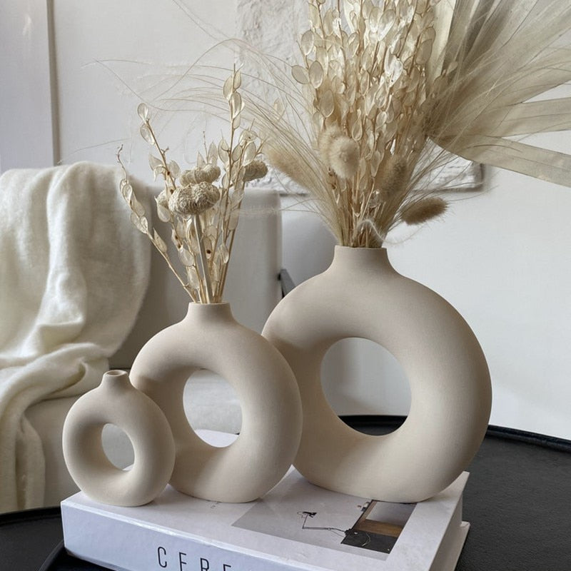 Nordic Ceramic Vase for Pampas Grass Donuts Flower Pot Home Decoration Accessories Office Living Room Interior Table Desk Decor - Originalsgroup