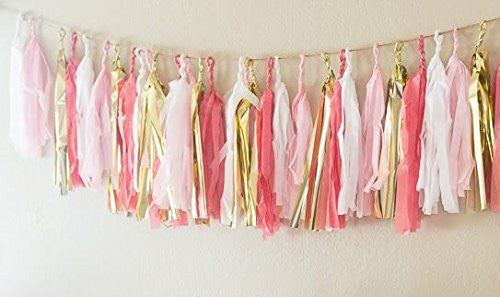 (Tassels Ship Assembled and Ready to Hang) 16 X Coral Tissue Paper Tassels for Party Wedding Gold Garland Bunting Pom Pom - Originalsgroup